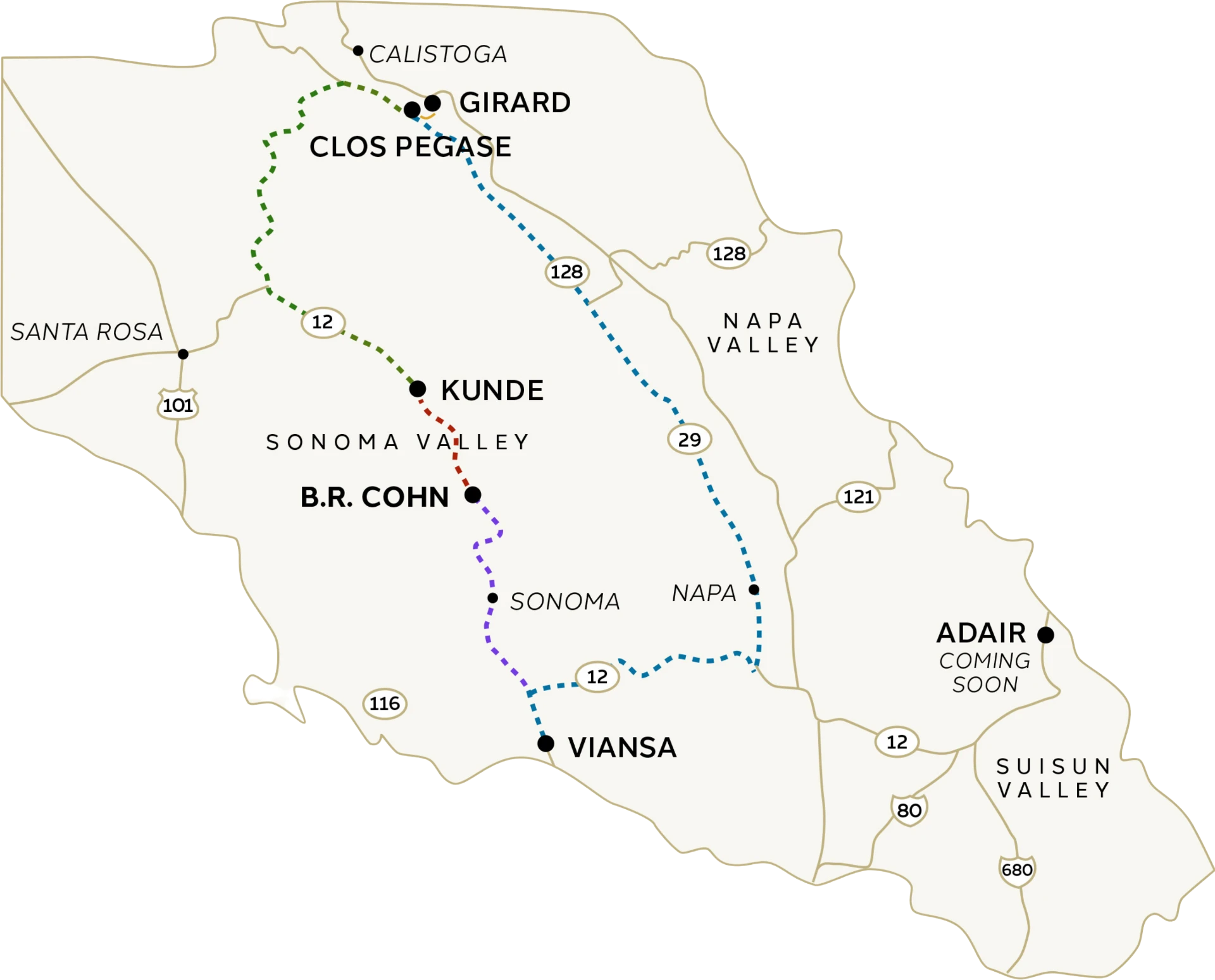 Map of the Adair Family Wines estates in Sonoma, Napa Valley and Suisun Valley